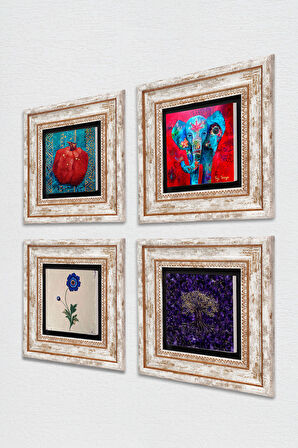 Hayat Ağacı, Fil, Ebru Sanatı, Nar Taş Duvar Tablosu Çerçeveli Duvar Dekoru 4 Parça Tablo Seti Wall Art