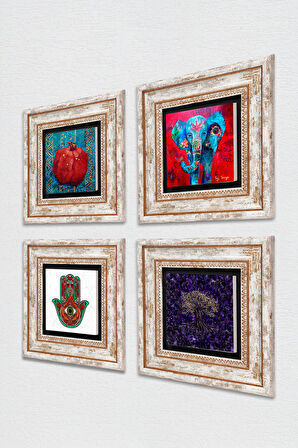 Hayat Ağacı, Fil, Fatma Ana Eli (Hamsa), Nar Taş Duvar Tablosu Çerçeveli Duvar Dekoru 4 Parça Tablo Seti Wall Art