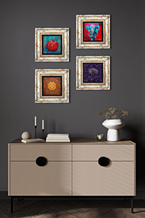 Hayat Ağacı, Fil, Sri Yantra, Nar Taş Duvar Tablosu Çerçeveli Duvar Dekoru 4 Parça Tablo Seti Wall Art