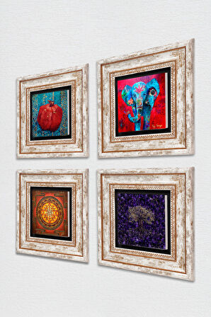 Hayat Ağacı, Fil, Sri Yantra, Nar Taş Duvar Tablosu Çerçeveli Duvar Dekoru 4 Parça Tablo Seti Wall Art