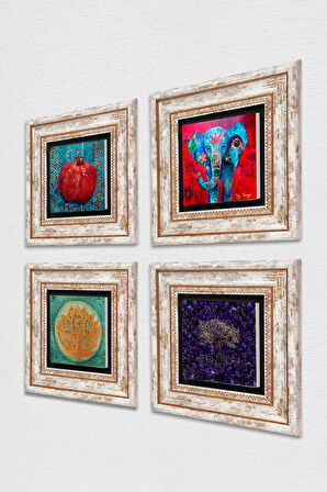 Hayat Ağacı, Fil, Lotus Çiçeği, Nar Taş Duvar Tablosu Çerçeveli Duvar Dekoru 4 Parça Tablo Seti Wall Art