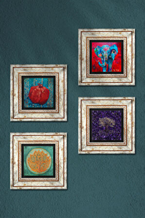Hayat Ağacı, Fil, Lotus Çiçeği, Nar Taş Duvar Tablosu Çerçeveli Duvar Dekoru 4 Parça Tablo Seti Wall Art