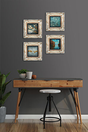 Claude Monet, Michelangelo, Van Gogh, Ruhların Geçişi Taş Duvar Tablosu Çerçeveli Duvar Dekoru 4 Parça Tablo Seti Wall Art