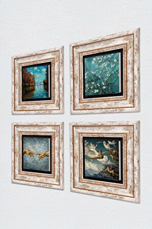 Claude Monet, Michelangelo, Van Gogh, Ruhların Geçişi Taş Duvar Tablosu Çerçeveli Duvar Dekoru 4 Parça Tablo Seti Wall Art