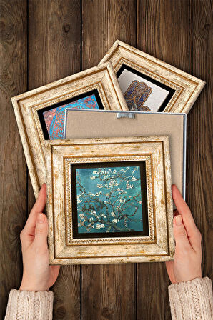 Claude Monet, Michelangelo, Van Gogh, Ruhların Geçişi Taş Duvar Tablosu Çerçeveli Duvar Dekoru 4 Parça Tablo Seti Wall Art