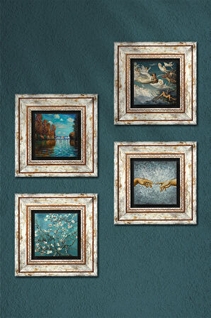 Claude Monet, Michelangelo, Van Gogh, Ruhların Geçişi Taş Duvar Tablosu Çerçeveli Duvar Dekoru 4 Parça Tablo Seti Wall Art