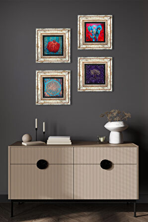 Hayat Ağacı, Fil, Yaşam Çiçeği, Nar Taş Duvar Tablosu Çerçeveli Duvar Dekoru 4 Parça Tablo Seti Wall Art