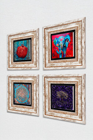 Hayat Ağacı, Fil, Yaşam Çiçeği, Nar Taş Duvar Tablosu Çerçeveli Duvar Dekoru 4 Parça Tablo Seti Wall Art