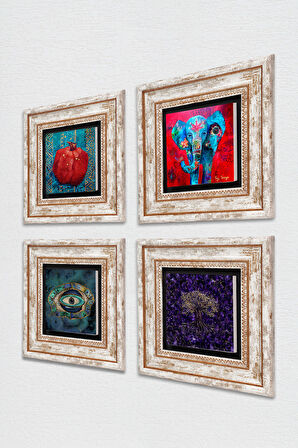 Hayat Ağacı, Fil, Nazar, Nar Taş Duvar Tablosu Çerçeveli Duvar Dekoru 4 Parça Tablo Seti Wall Art