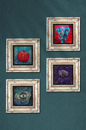 Hayat Ağacı, Fil, Nazar, Nar Taş Duvar Tablosu Çerçeveli Duvar Dekoru 4 Parça Tablo Seti Wall Art