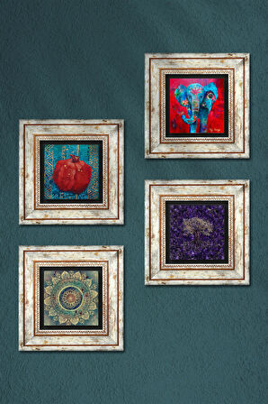 Mandala, Hayat Ağacı, Fil, Nar Taş Duvar Tablosu Çerçeveli Duvar Dekoru 4 Parça Tablo Seti Wall Art