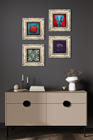Hayat Ağacı, Fil, Nar Taş Duvar Tablosu Çerçeveli Duvar Dekoru 4 Parça Tablo Seti Wall Art