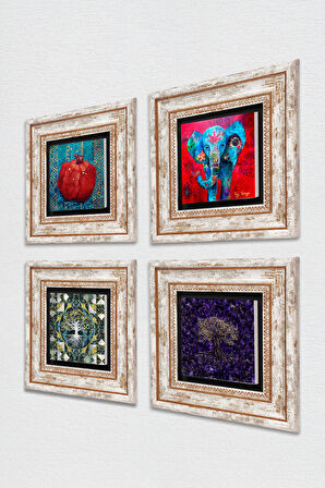 Hayat Ağacı, Fil, Nar Taş Duvar Tablosu Çerçeveli Duvar Dekoru 4 Parça Tablo Seti Wall Art