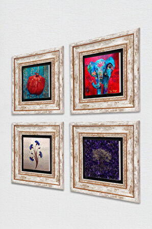 Ebru Sanatı, Hayat Ağacı, Fil, Nar Taş Duvar Tablosu Çerçeveli Duvar Dekoru 4 Parça Tablo Seti Wall Art