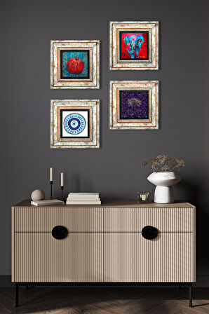 Nazar, Hayat Ağacı, Fil, Nar Taş Duvar Tablosu Çerçeveli Duvar Dekoru 4 Parça Tablo Seti Wall Art