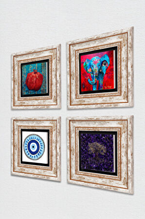 Nazar, Hayat Ağacı, Fil, Nar Taş Duvar Tablosu Çerçeveli Duvar Dekoru 4 Parça Tablo Seti Wall Art