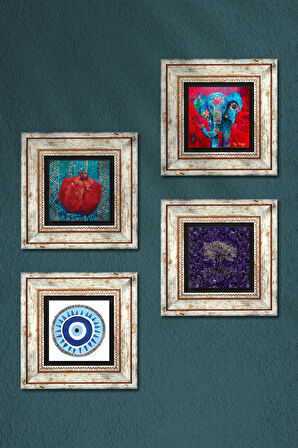 Nazar, Hayat Ağacı, Fil, Nar Taş Duvar Tablosu Çerçeveli Duvar Dekoru 4 Parça Tablo Seti Wall Art