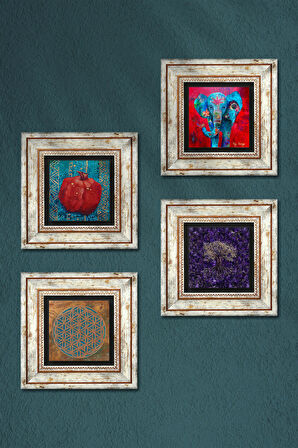 Yaşam Çiçeği, Hayat Ağacı, Fil, Nar Taş Duvar Tablosu Çerçeveli Duvar Dekoru 4 Parça Tablo Seti Wall Art