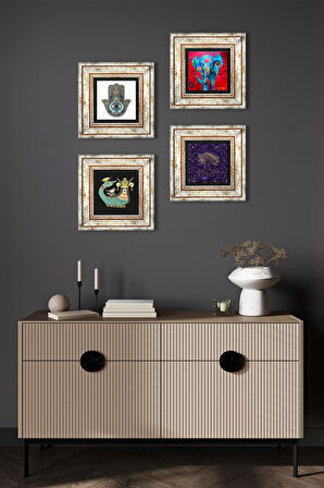 Hayat Ağacı, Fil, Şahmeran, Fatma Ana Eli (Hamsa) Taş Duvar Tablosu Çerçeveli Duvar Dekoru 4 Parça Tablo Seti Wall Art