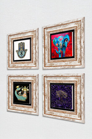 Hayat Ağacı, Fil, Şahmeran, Fatma Ana Eli (Hamsa) Taş Duvar Tablosu Çerçeveli Duvar Dekoru 4 Parça Tablo Seti Wall Art