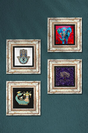 Hayat Ağacı, Fil, Şahmeran, Fatma Ana Eli (Hamsa) Taş Duvar Tablosu Çerçeveli Duvar Dekoru 4 Parça Tablo Seti Wall Art