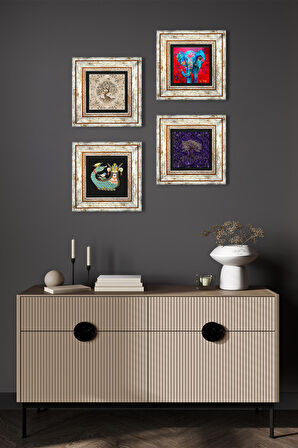 Fil, Şahmeran, Hayat Ağacı Taş Duvar Tablosu Çerçeveli Duvar Dekoru 4 Parça Tablo Seti Wall Art