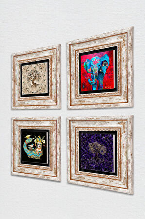 Fil, Şahmeran, Hayat Ağacı Taş Duvar Tablosu Çerçeveli Duvar Dekoru 4 Parça Tablo Seti Wall Art