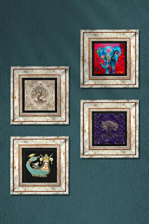 Fil, Şahmeran, Hayat Ağacı Taş Duvar Tablosu Çerçeveli Duvar Dekoru 4 Parça Tablo Seti Wall Art