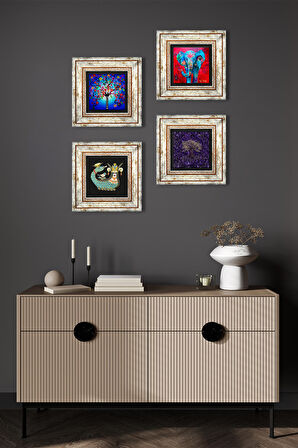 Fil, Hayat Ağacı, Şahmeran Taş Duvar Tablosu Çerçeveli Duvar Dekoru 4 Parça Tablo Seti Wall Art