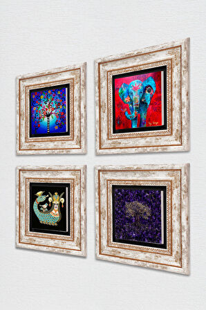 Fil, Hayat Ağacı, Şahmeran Taş Duvar Tablosu Çerçeveli Duvar Dekoru 4 Parça Tablo Seti Wall Art