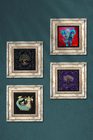 Fil, Hayat Ağacı, Şahmeran Taş Duvar Tablosu Çerçeveli Duvar Dekoru 4 Parça Tablo Seti Wall Art