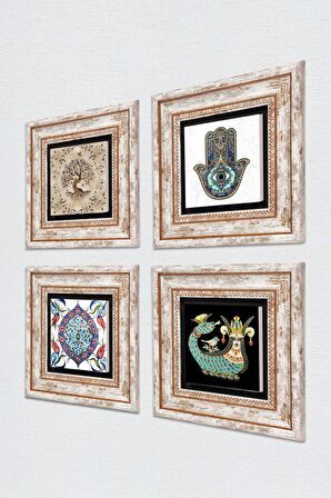 Çini Sanatı, Şahmeran, Hayat Ağacı, Fatma Ana Eli (Hamsa) Taş Duvar Tablosu Çerçeveli Duvar Dekoru 4 Parça Tablo Seti Wall Art