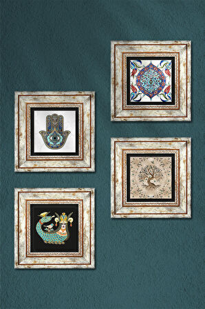 Çini Sanatı, Şahmeran, Hayat Ağacı, Fatma Ana Eli (Hamsa) Taş Duvar Tablosu Çerçeveli Duvar Dekoru 4 Parça Tablo Seti Wall Art