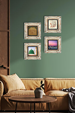 Allah Lafzı, Esma'ül Hüsna, Ravza-i Mutahhara Taş Duvar Tablosu Çerçeveli Duvar Dekoru 4 Parça Tablo Seti Wall Art