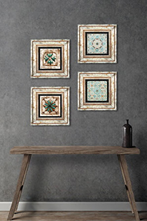 Desen, Fas Desenli Vintage Taş Duvar Tablosu Çerçeveli Duvar Dekoru 4 Parça Tablo Seti Wall Art