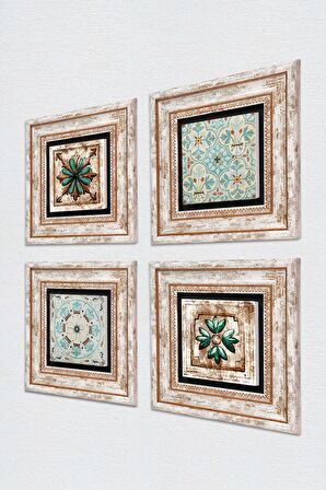 Desen, Fas Desenli Vintage Taş Duvar Tablosu Çerçeveli Duvar Dekoru 4 Parça Tablo Seti Wall Art