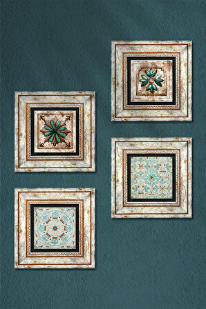 Desen, Fas Desenli Vintage Taş Duvar Tablosu Çerçeveli Duvar Dekoru 4 Parça Tablo Seti Wall Art