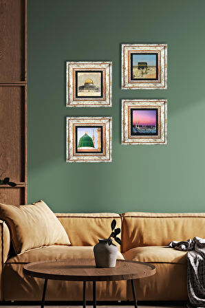 Kabe-i Muazzama, Mescid-i Aksa, Ravza-i Mutahhara Taş Duvar Tablosu Çerçeveli Duvar Dekoru 4 Parça Tablo Seti Wall Art