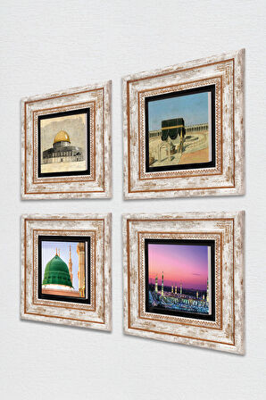 Kabe-i Muazzama, Mescid-i Aksa, Ravza-i Mutahhara Taş Duvar Tablosu Çerçeveli Duvar Dekoru 4 Parça Tablo Seti Wall Art