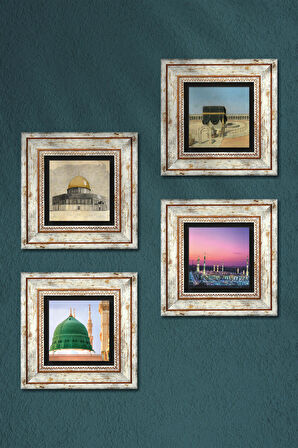 Kabe-i Muazzama, Mescid-i Aksa, Ravza-i Mutahhara Taş Duvar Tablosu Çerçeveli Duvar Dekoru 4 Parça Tablo Seti Wall Art