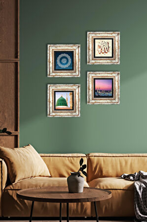 Kelime-i Tevhid, Allah Lafzı, Ravza-i Mutahhara Taş Duvar Tablosu Çerçeveli Duvar Dekoru 4 Parça Tablo Seti Wall Art