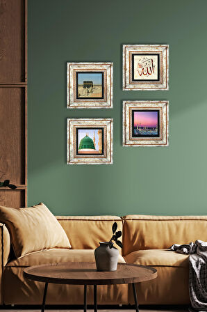 Kabe-i Muazzama, Allah Lafzı, Ravza-i Mutahhara Taş Duvar Tablosu Çerçeveli Duvar Dekoru 4 Parça Tablo Seti Wall Art