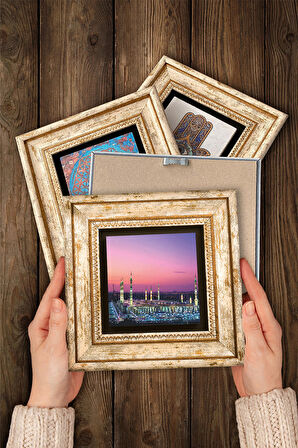 Kabe-i Muazzama, Allah Lafzı, Ravza-i Mutahhara Taş Duvar Tablosu Çerçeveli Duvar Dekoru 4 Parça Tablo Seti Wall Art