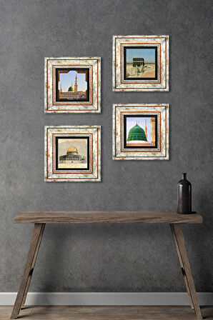 Kabe-i Muazzama, Mescid-i Aksa, Ravza-i Mutahhara Taş Duvar Tablosu Çerçeveli Duvar Dekoru 4 Parça Tablo Seti Wall Art