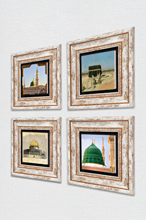 Kabe-i Muazzama, Mescid-i Aksa, Ravza-i Mutahhara Taş Duvar Tablosu Çerçeveli Duvar Dekoru 4 Parça Tablo Seti Wall Art