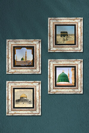 Kabe-i Muazzama, Mescid-i Aksa, Ravza-i Mutahhara Taş Duvar Tablosu Çerçeveli Duvar Dekoru 4 Parça Tablo Seti Wall Art