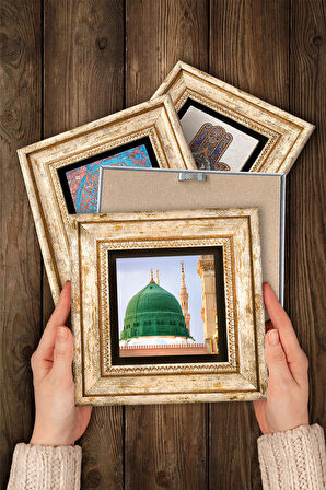 İhlas Suresi, Bismillah, Ravza-i Mutahhara Taş Duvar Tablosu Çerçeveli Duvar Dekoru 4 Parça Tablo Seti Wall Art