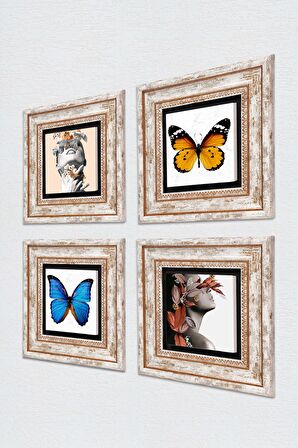 Kelebek, Bahar Düşü Serisi Taş Duvar Tablosu Çerçeveli Duvar Dekoru 4 Parça Tablo Seti Wall Art