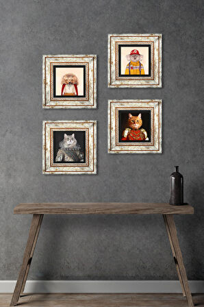 Patili Ekselanslar, Kirpi, Koala Taş Duvar Tablosu Çerçeveli Duvar Dekoru 4 Parça Tablo Seti Wall Art