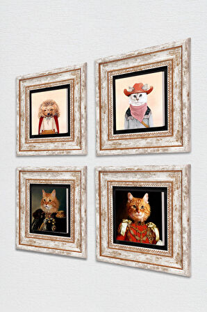 Patili Ekselanslar, Kirpi, Kedi Taş Duvar Tablosu Çerçeveli Duvar Dekoru 4 Parça Tablo Seti Wall Art